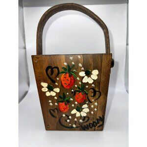 VTG Hand Painted Mini Wooden Basket Painted Flowers‎ & Strawberries Cottagecore